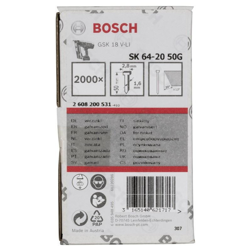 Bosch Başsız Çivi 20? 50 mm Galvanizli 2000li