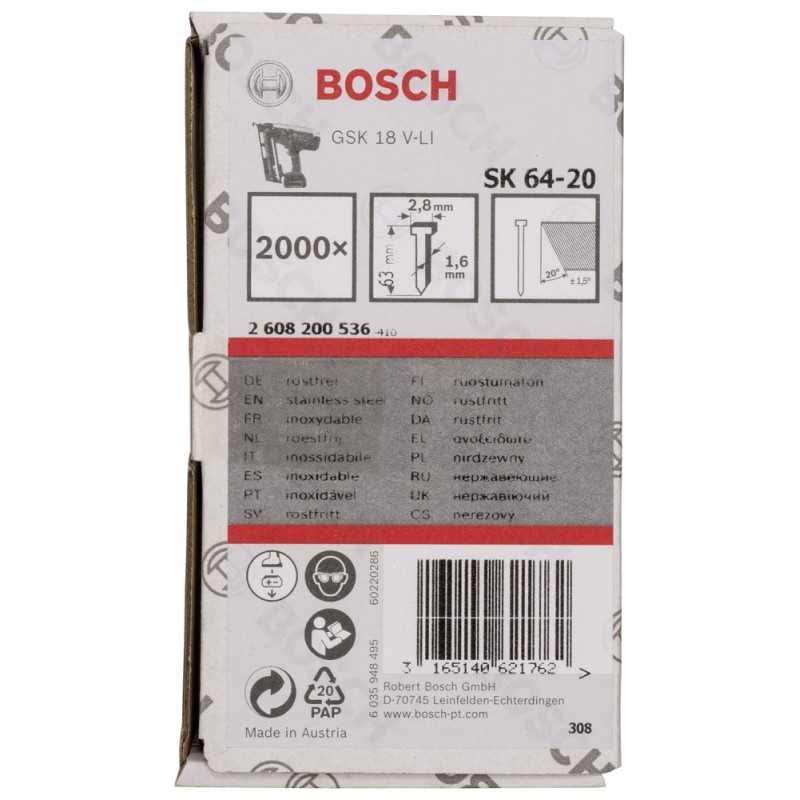 Bosch Başsız Çivi 20? 63 mm Paslanmaz 2000li